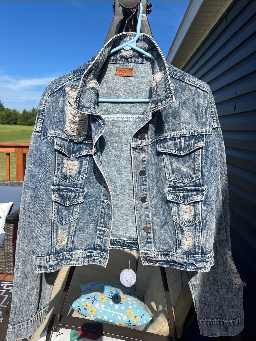 POL Light Blue Denim Jacket with Brown Leather Patch